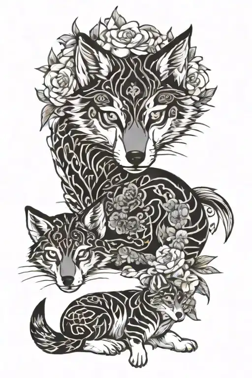 lilly flower and wolf cub laying tattoo design idea
