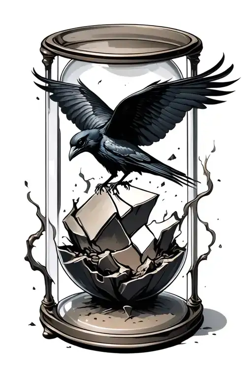a raven flying out of a broken hourglass. intricate tattoo design idea