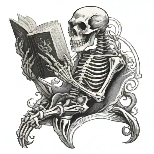 skeleton reading a book with snake  tattoo design idea