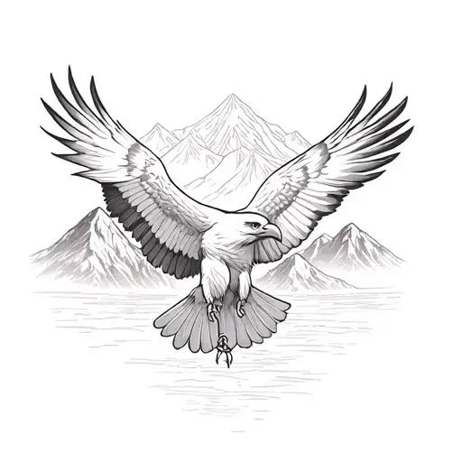 soaring eagle sketch with mountain scene tattoo design idea