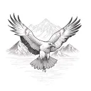 soaring eagle sketch with mountain scene tattoo design idea