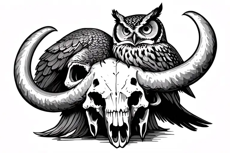 owl standing on mammoth skull head tattoo design idea