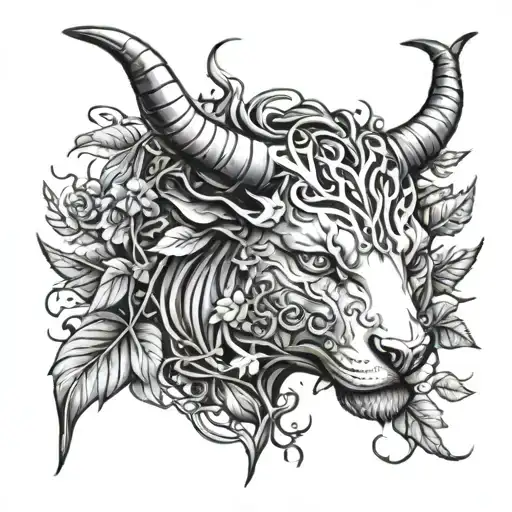 the head of a fierce cat with bull horns instead of ears, with poison ivy vines twisting solely around the bull horns tattoo design idea
