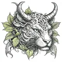 the head of a fierce cat with bull horns instead of ears, with poison ivy vines twisting solely around the bull horns tattoo design idea