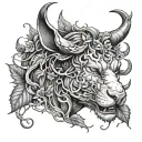 the head of a fierce cat with bull horns instead of ears, with poison ivy vines twisting solely around the bull horns tattoo design idea