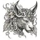 the head of a fierce cat with bull horns instead of ears, with poison ivy vines twisting solely around the bull horns tattoo design idea