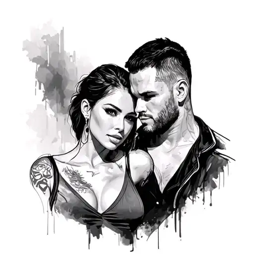 A sketch of a couple tattoo in the style of the film ‘Fast and Furious’. tattoo design idea