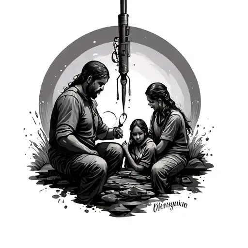 drilling in background with family tattoo design idea