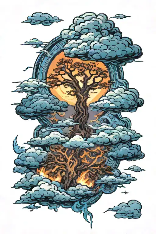 cumulonimbus thunderclouds with lightning and tree of life, wolves below tattoo design idea