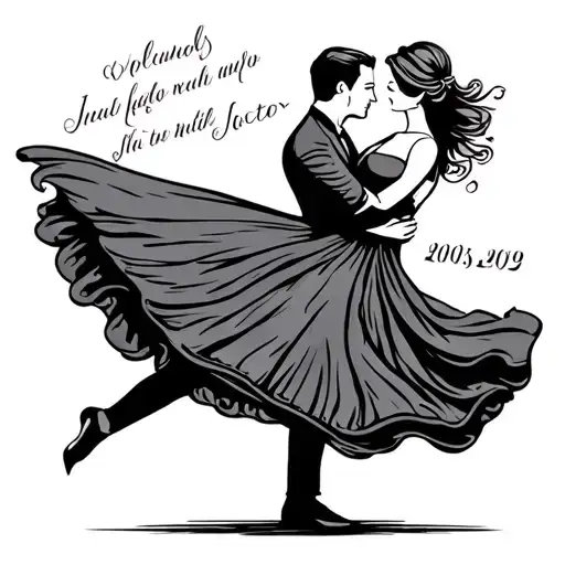 couple dancing in the sunshine with wedding date tattoo. The woman is spinning in one leg tattoo design idea