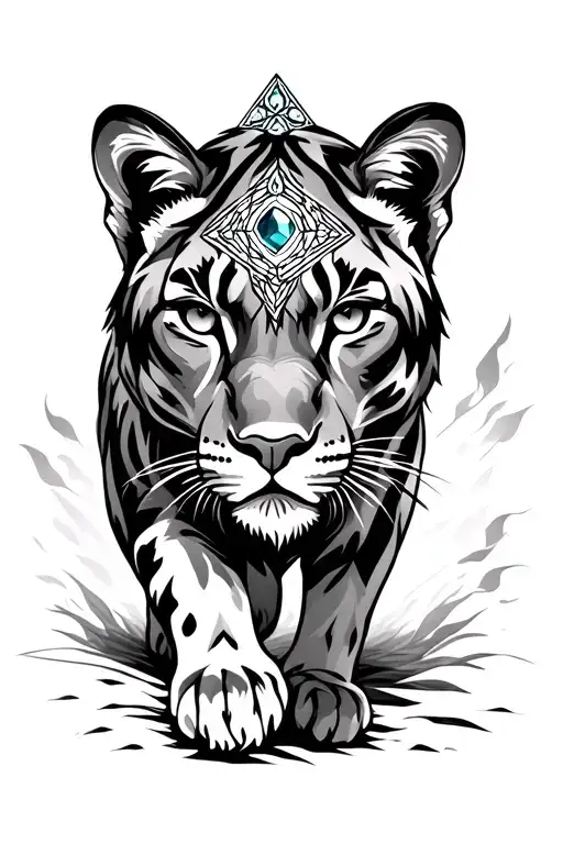 Mountain lion front view stalking walking emerging from a portal with jeweled sacred geometry design on forehead tattoo design idea