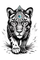 Mountain lion front view stalking walking emerging from a portal with jeweled sacred geometry design on forehead tattoo design idea