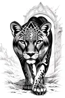 Mountain lion front view stalking walking emerging from a portal with jeweled sacred geometry design on forehead tattoo design idea