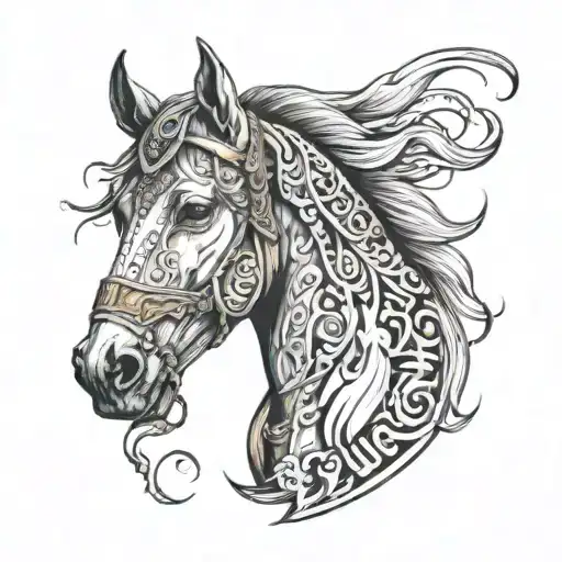 horse head with 3 first names Fabrice Ludovic solange tattoo design idea