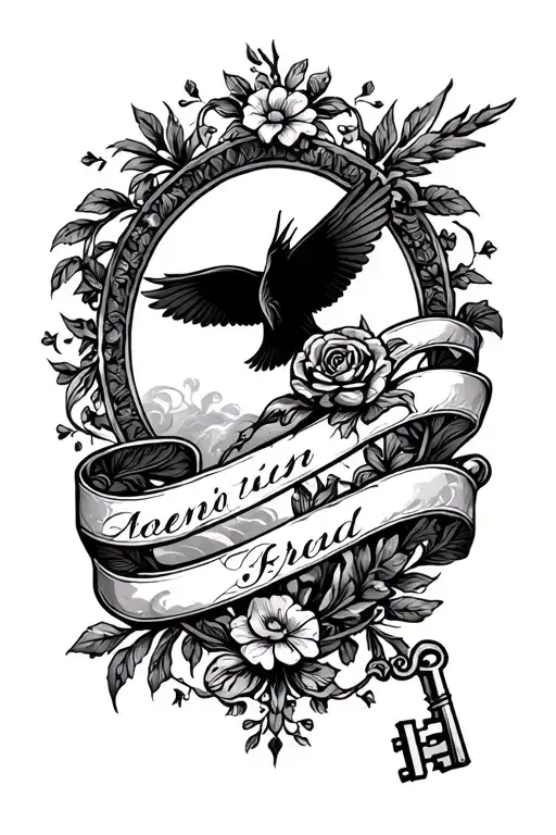 The tattoo is a memorial banner, flowing and elegant, with key elements evenly spaced. The design should feel balanced a tattoo design idea
