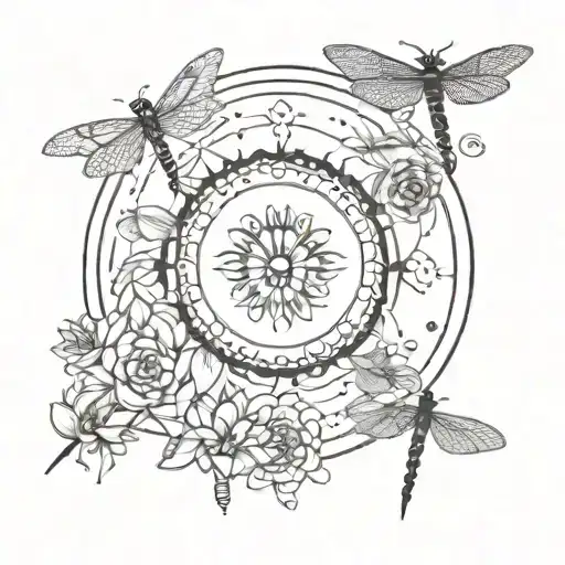 mandala, water lilies, dragonfly, moon phases tattoo design idea