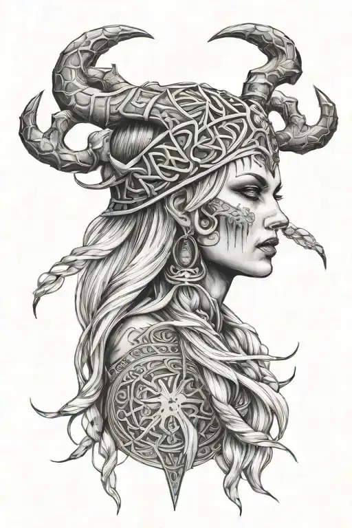 norse godess of death Hel. portrait tattoo design idea