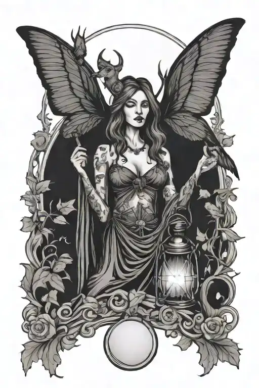 edgy and evil looking witchy goddess holding a lantern on "The Hermit" tarot card with a luna moth that landed on it tattoo design idea