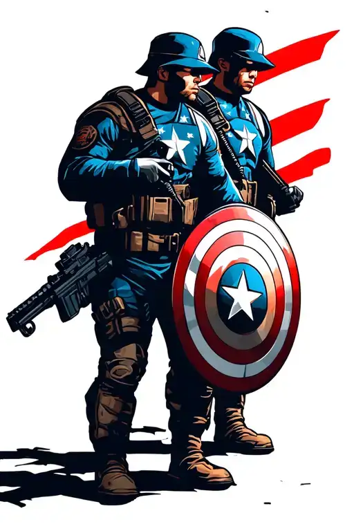 2 US Marines returning from battle one with captain america shield  tattoo design idea