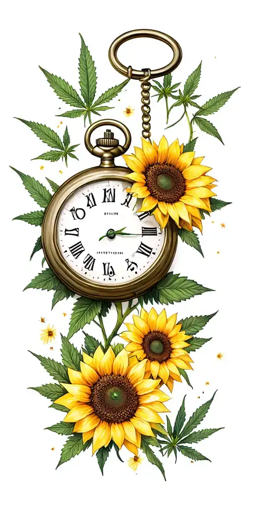 sunflowers, wildflowers, pocket watch, marijuana leaves, 3 dragaons tattoo design idea