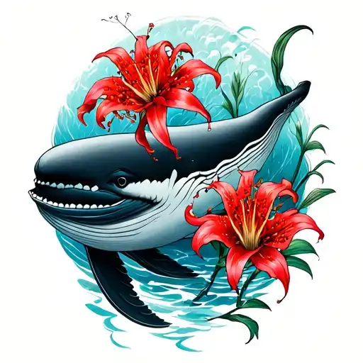 red spider lily and blue whale tattoo design idea