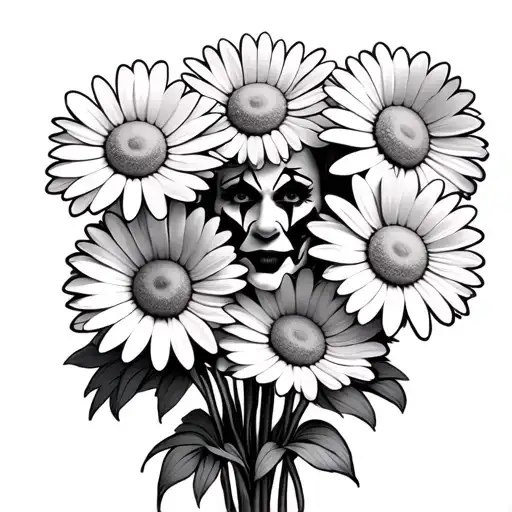 bunch of daisies with art the clowns face in the middle of each daisy  tattoo design idea