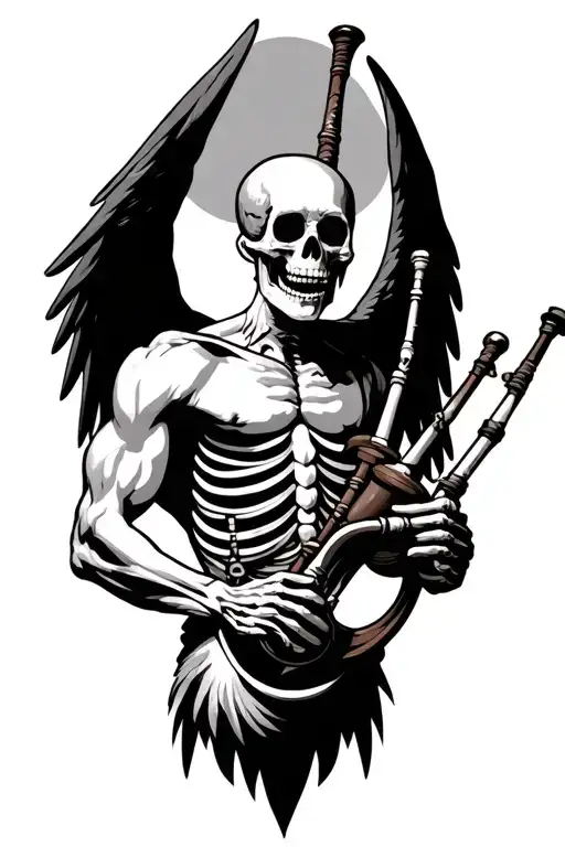 winged muscular skeleton playing bagpipes tattoo design idea