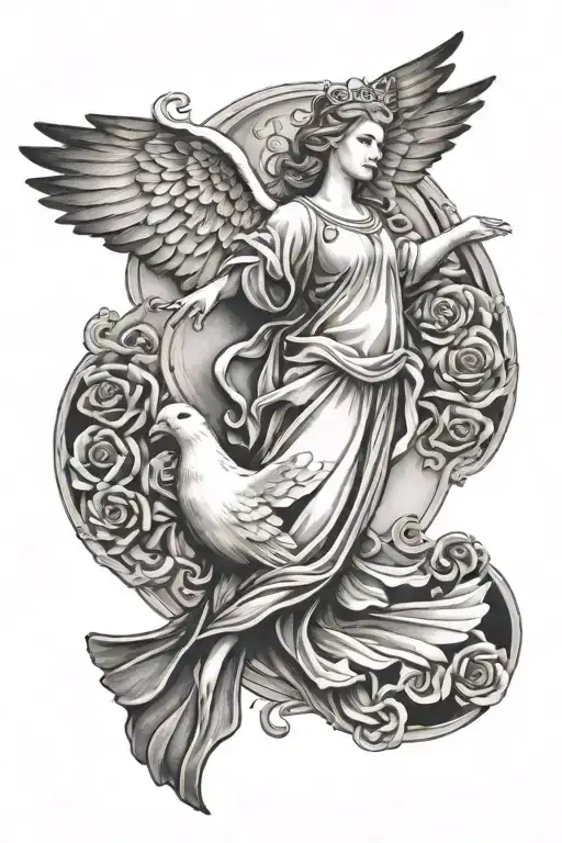 vrigin Mary and dove flying tattoo design idea