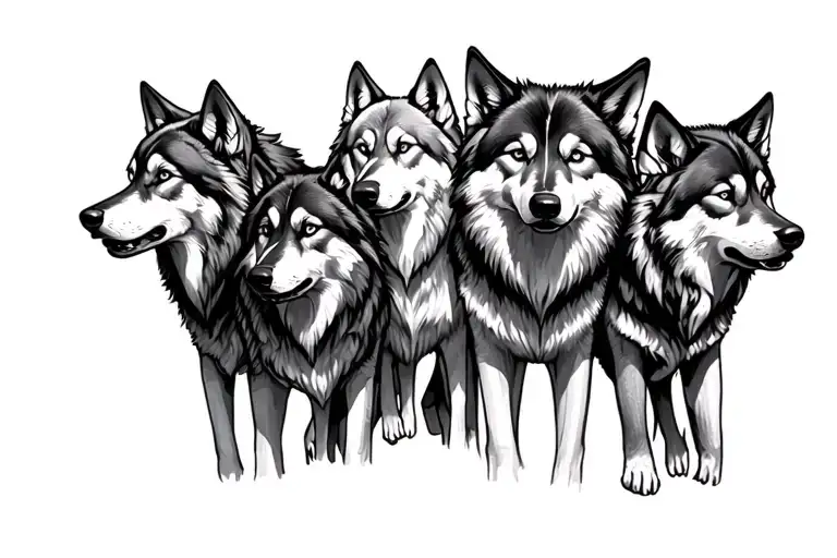 Five Wolves representing familiar  tattoo design idea