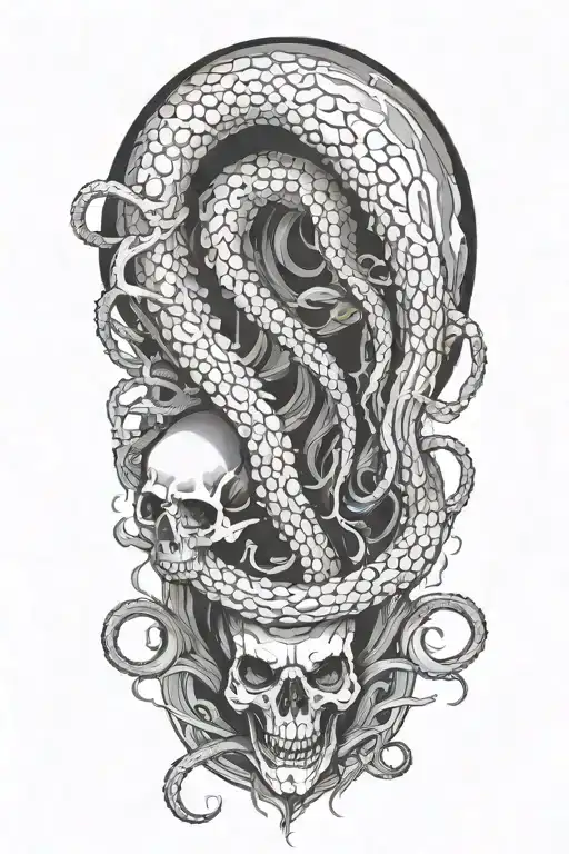 A black and grey tattoo of a malevolent kraken overtaking a skull with its massive tentacles in a hauntingly beautiful way tattoo design idea
