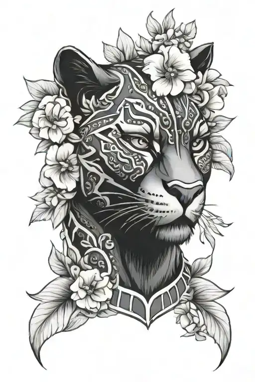 black panther head with flowers tattoo design idea