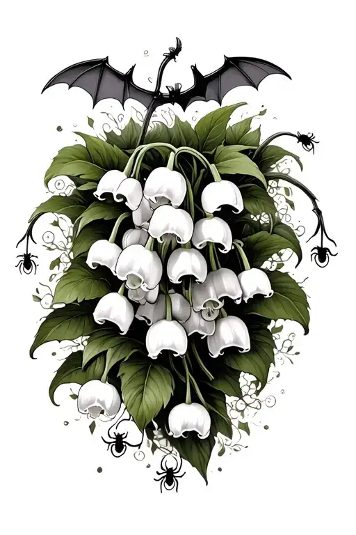lily of the valley with vines and spiders and bat surrounded tattoo design idea