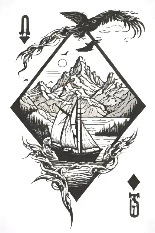silhouette in a small fishing boat in the mountains, bird soaring in the far distant, playing cards tattoo design idea