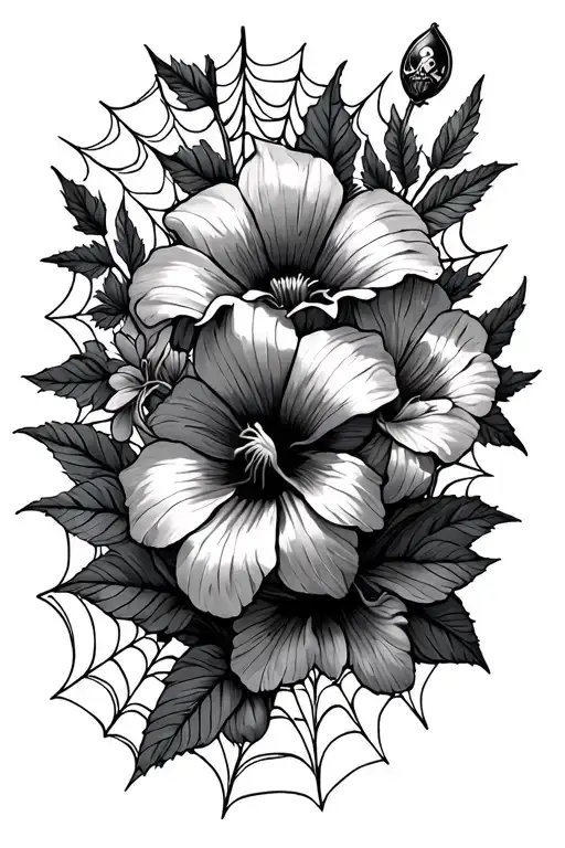 poisonous flowers with negative space sleeve with spiderwebs, gothic tattoo design idea