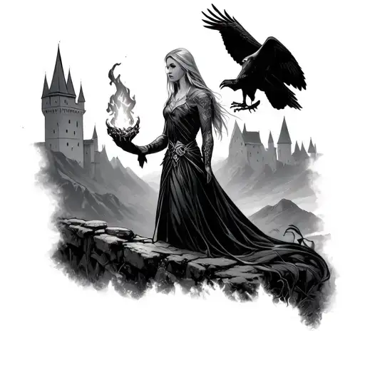 throne of glass book series, aelin holding fire overlooking the terassen castle in a valley with a hawk near her  tattoo design idea