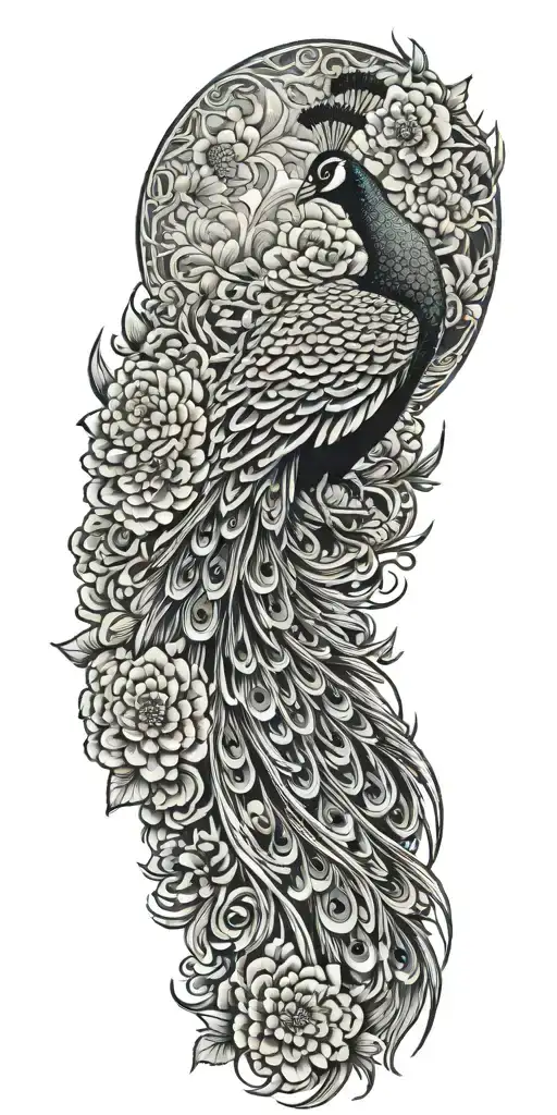 male peacock and chrysanthemum flowers japanese style around the arm line and shade work tattoo design idea