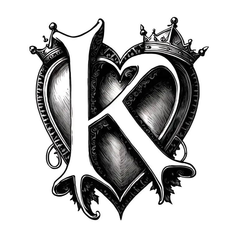 small 1"x1/2" detailed calligraphy letter k inside a heart with a crown tattoo design idea