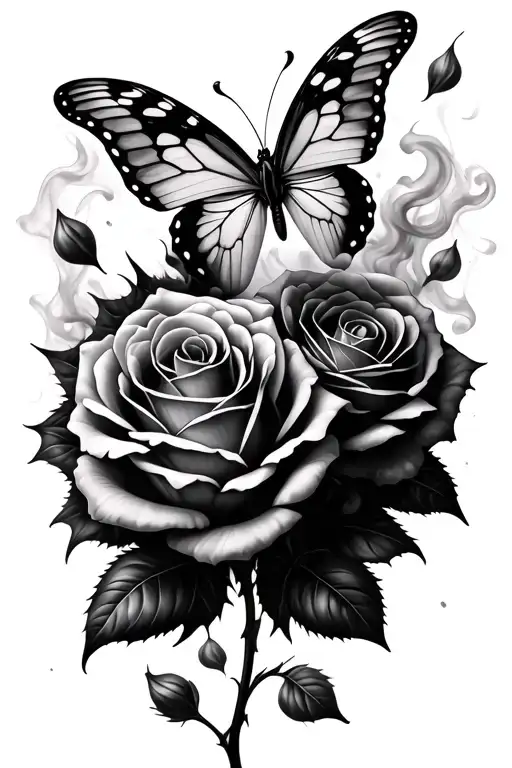 butterfly, two thorny roses surrounding, falling rose pedals fading into smoke tattoo design idea