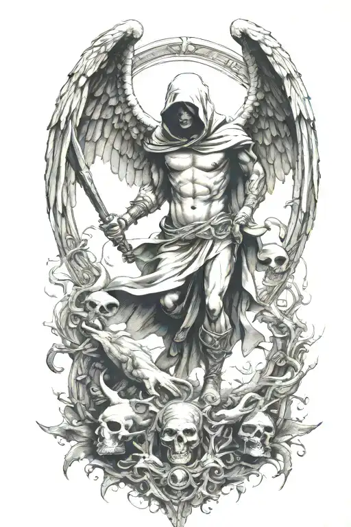 hooded arch angel defeating a demon tattoo design idea