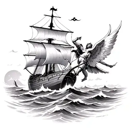 caravel fighting in sea againts evil with angel on the other side tattoo design idea