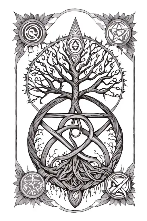 A tattoo representing the balance of feminine and masculine principles in Wicca, incorporating esoteric symbols such as the Yggdrasil tree and the witch's knot tattoo design idea