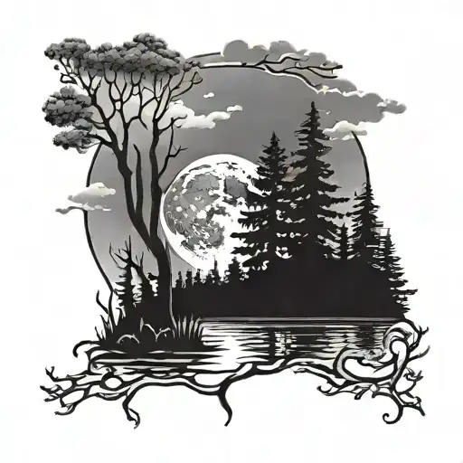 forest lake and moon tattoo design idea