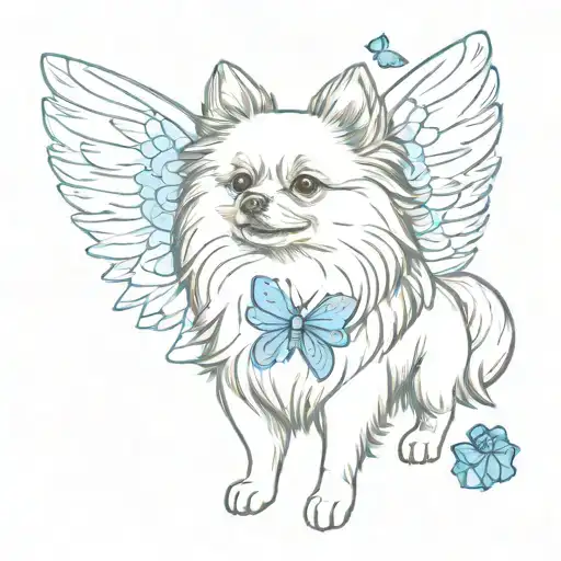 Pomeranian dog with angel wings and a blue butterfly flying tattoo design idea
