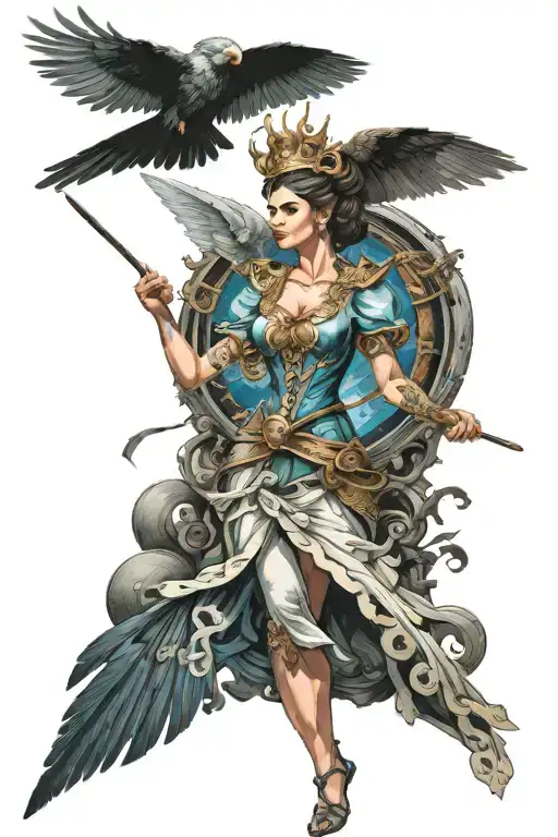 woman magician with wings and scepter flies into battle honor courage tattoo design idea