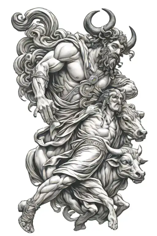 realistic greek god with a bull in the background black tattoo design idea