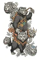 Totem that has a raccoon, a gorilla, a wolf, a pig, a panda, a penguin, a duck, an owl, a lion and a dragon tattoo design idea