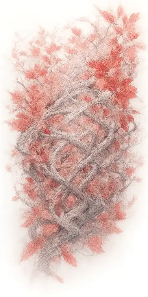 clear branches shaped like witches knot with red leaves tattoo design idea