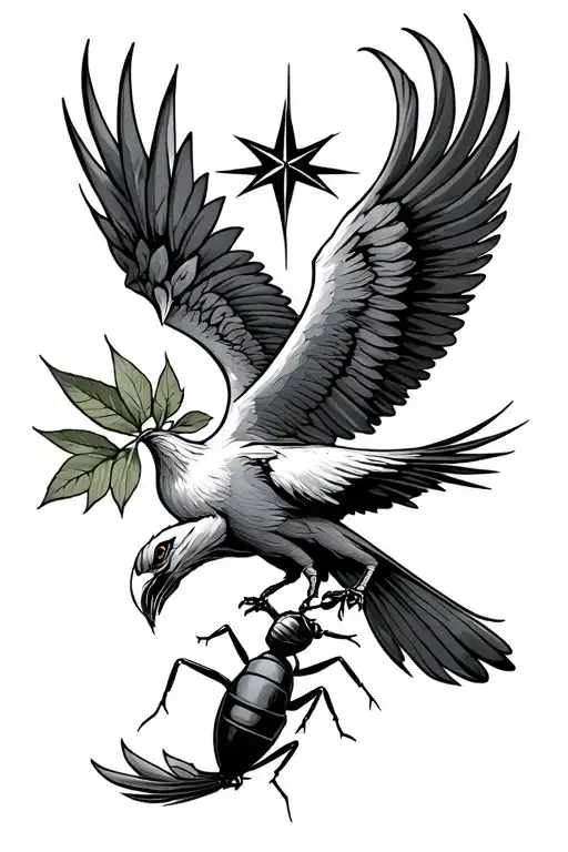 a phoenix flying under a philant star brings a leaf of lorium in its beak to an ant alone pushed aside tattoo design idea