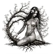 long tree vines with small flowers wrapped loosely around sensual woman warrior and legs turning to roots add color  tattoo design idea