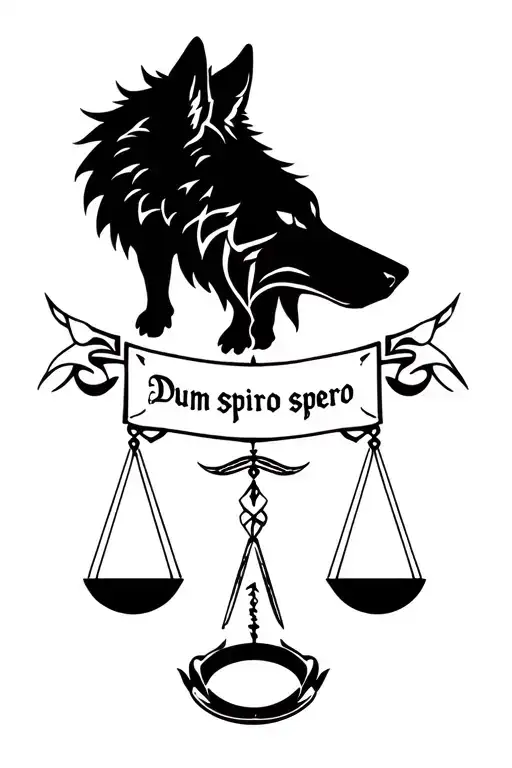 old wolf with libra scales, banner in middle with 'Dum spiro spero' tattoo design idea